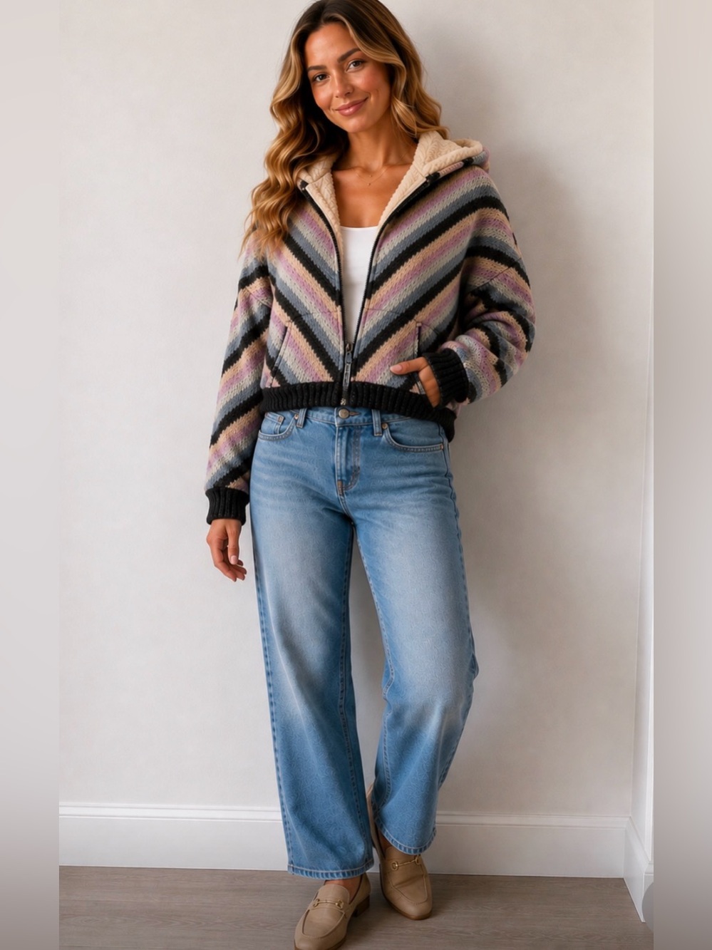 Anthro Saltwater Luxe Striped Chevron Hooded Knit Jacket - Pastel Multi small